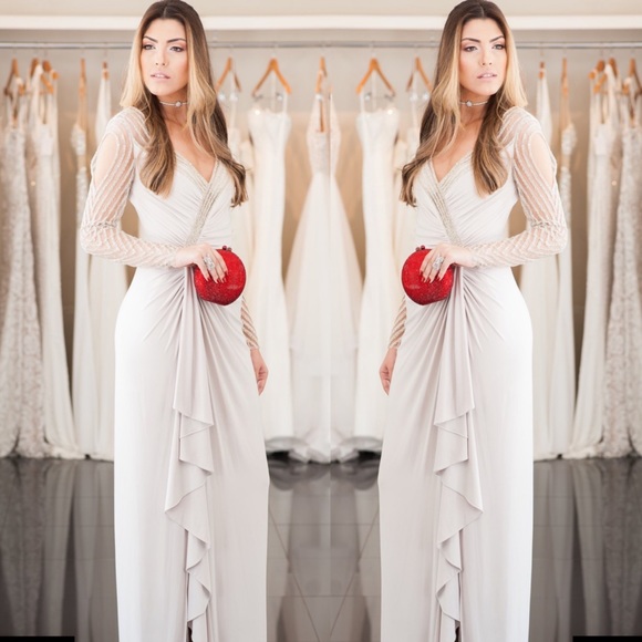 Mignon beaded sexy full length asymmetrically gathered surplice bodice gown - Picture 6 of 14